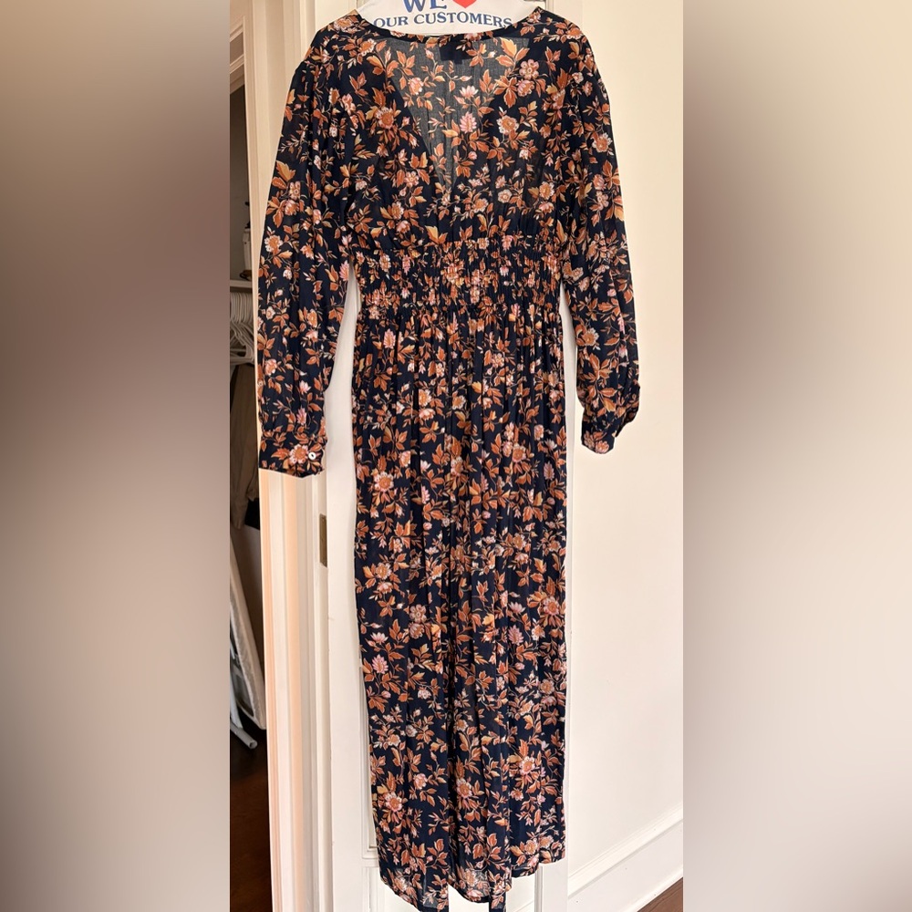 Navy Floral Smocked-Waist Long Sleeve Maxi Dress